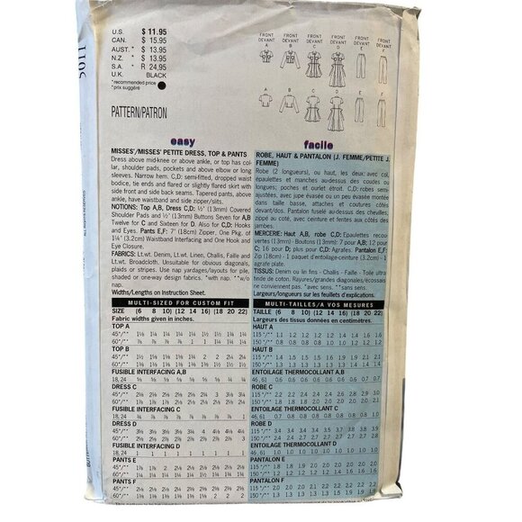 Butterick Classics 5011 Misses Dress Top & Pants Sewing Pattern Sizes 6-10 - Picture 2 of 2